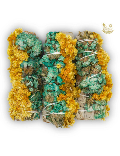 Fleur sinuata turquoise et jaune avec bouquets de sauge blanche