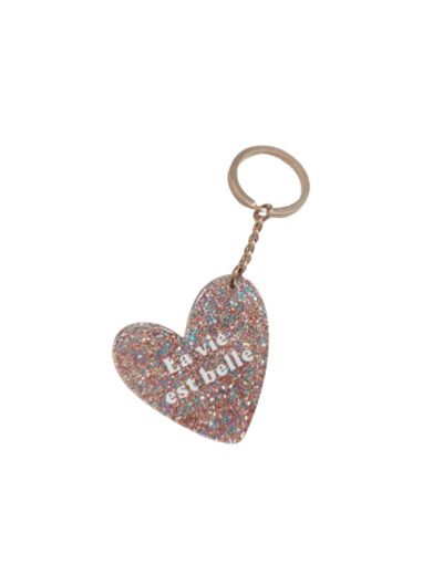 Porte clef résine paillettes "La vie est belle" multi