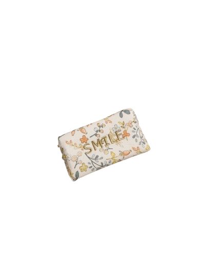 Trousse / pochette fleurie avec mot brodé smile - beige