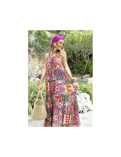 Robe longue, patchwork boheme rose